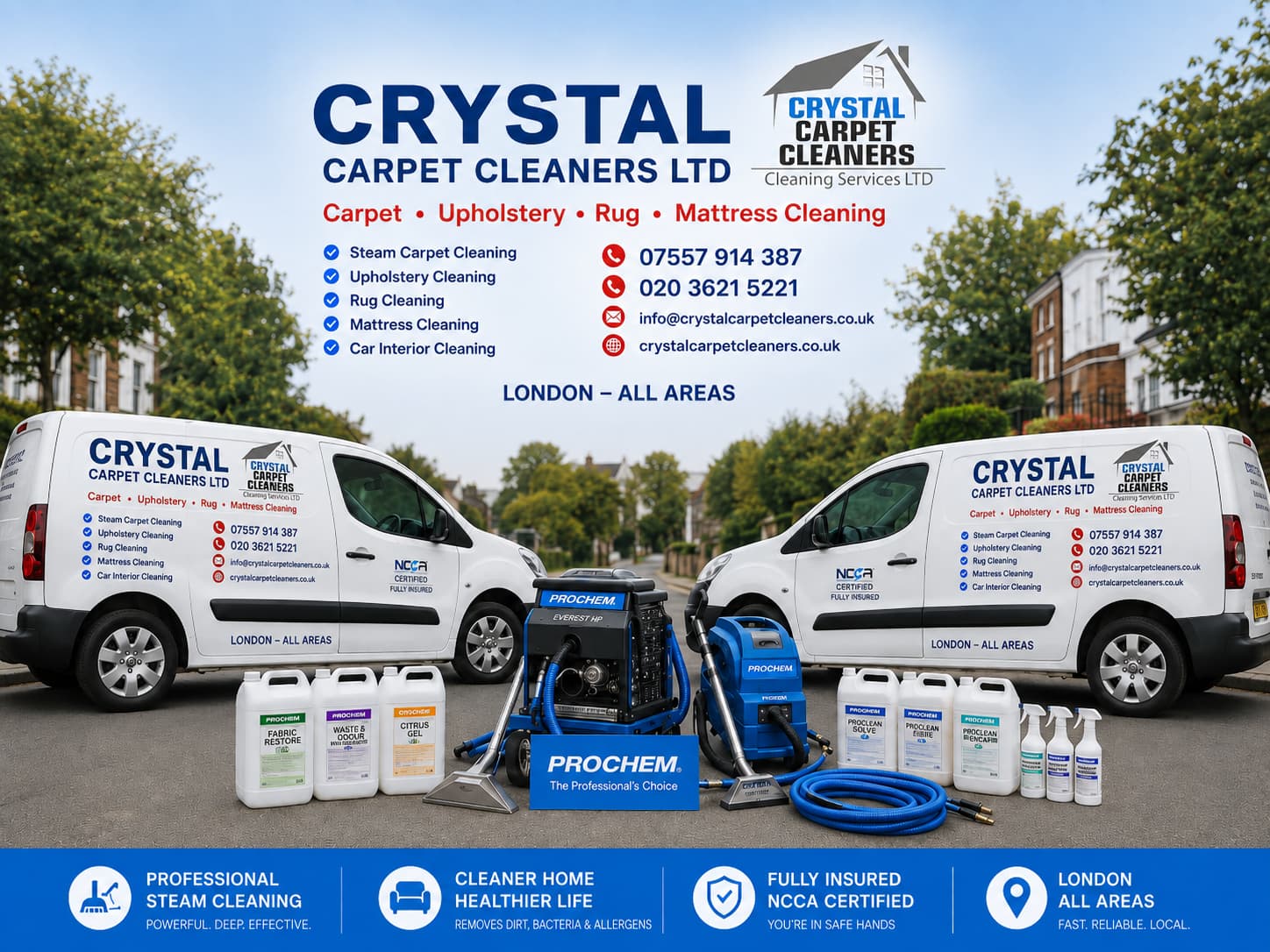 Crystal Carpet Cleaners vans and Prochem cleaning products